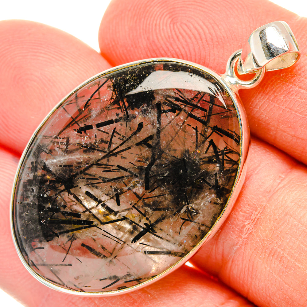 Round tourmalinated quartz pendant in 925 sterling silver bezel, black needle inclusions