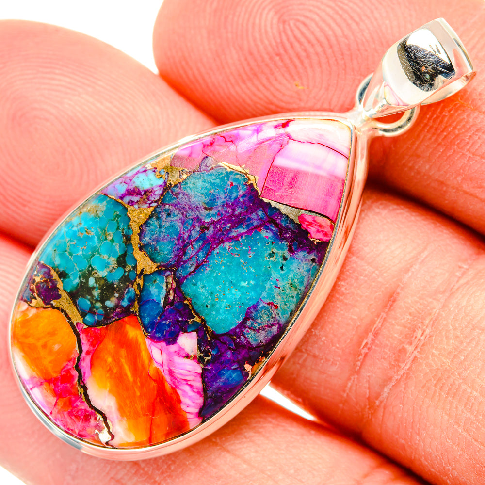 Sterling silver teardrop pendant with multicolor pink, turquoise, purple stone inlay