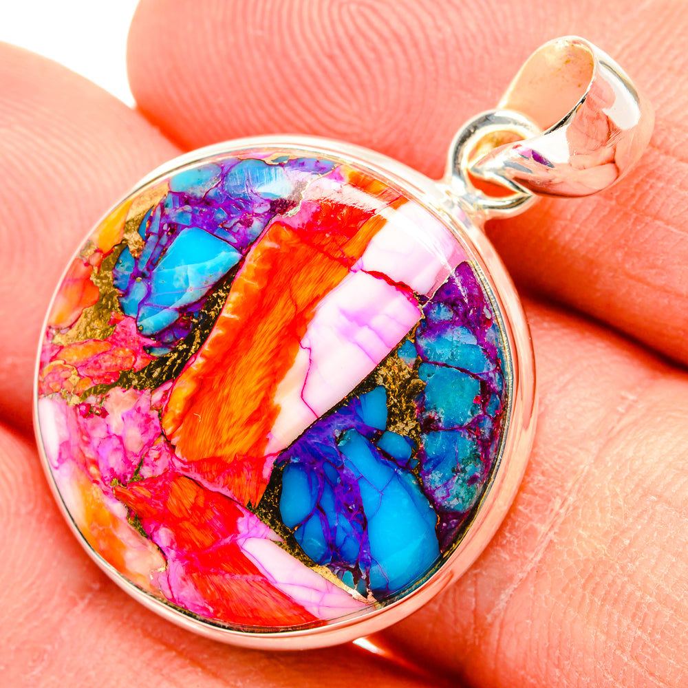 Round multi-color mosaic cabochon pendant with silver bail