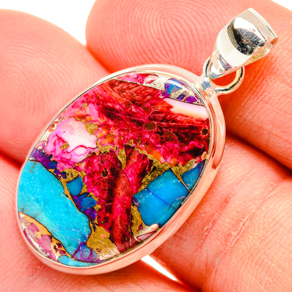925 sterling silver oval pendant with turquoise, red and gold abstract pattern