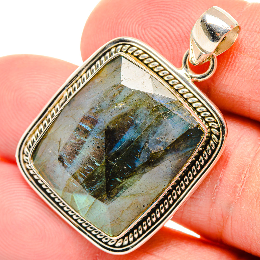 925 sterling silver labradorite pendant with rectangular cabochon, ornate bezel
