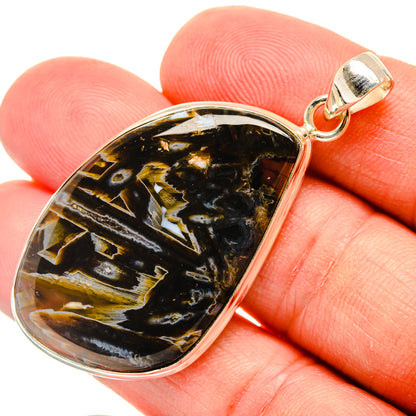 Turkish tube agate pendant in 925 sterling silver, black with gold veining, bail loop