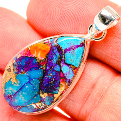 Oval turquoise-and-pink mosaic pendant with sterling silver bail, close-up detail