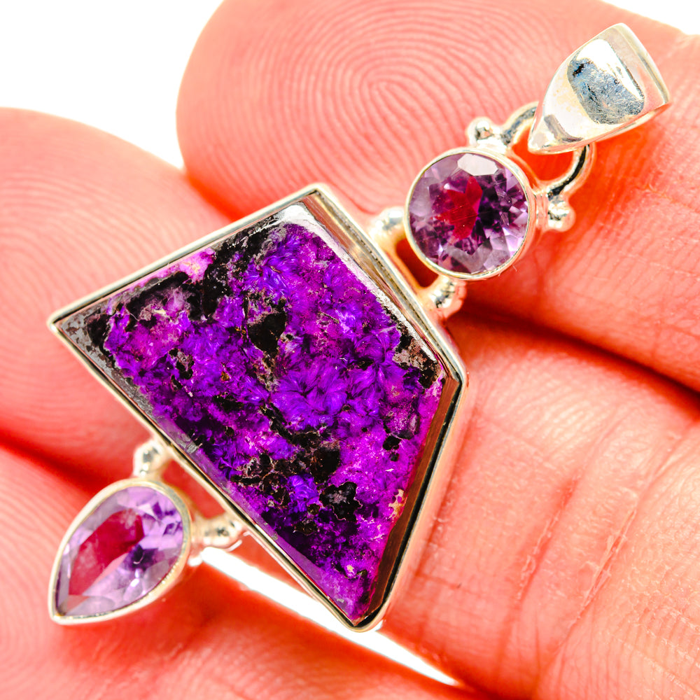 Amethyst pendant with rectangular purple stone and two teardrop accents, sterling silver