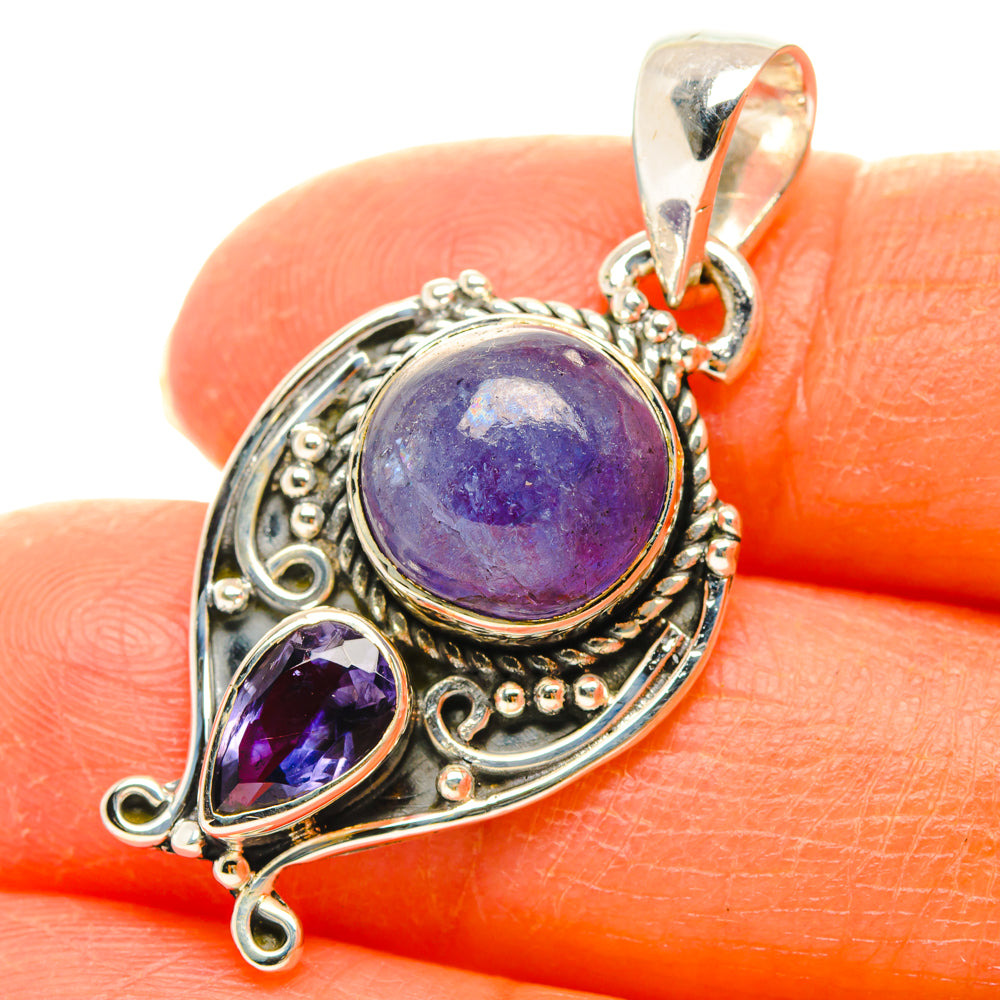 925 sterling silver tanzanite pendant, oval purple stone with ornate bezel and top bail