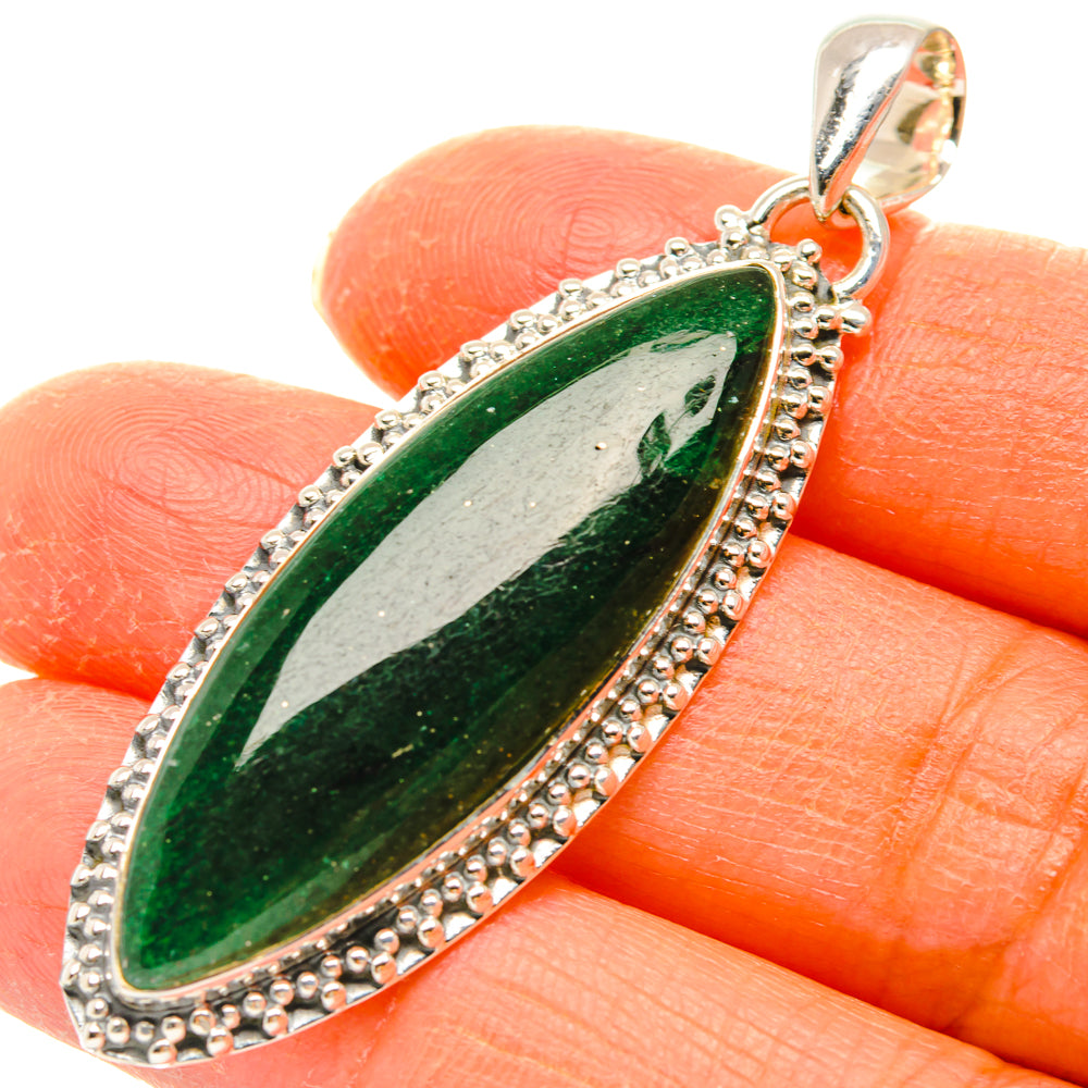 Green aventurine pendant with oval stone bezel, textured 925 sterling silver frame, bail