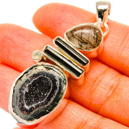 Geode slice tourmaline pendant in silver, with oval quartz and green tourmaline bars