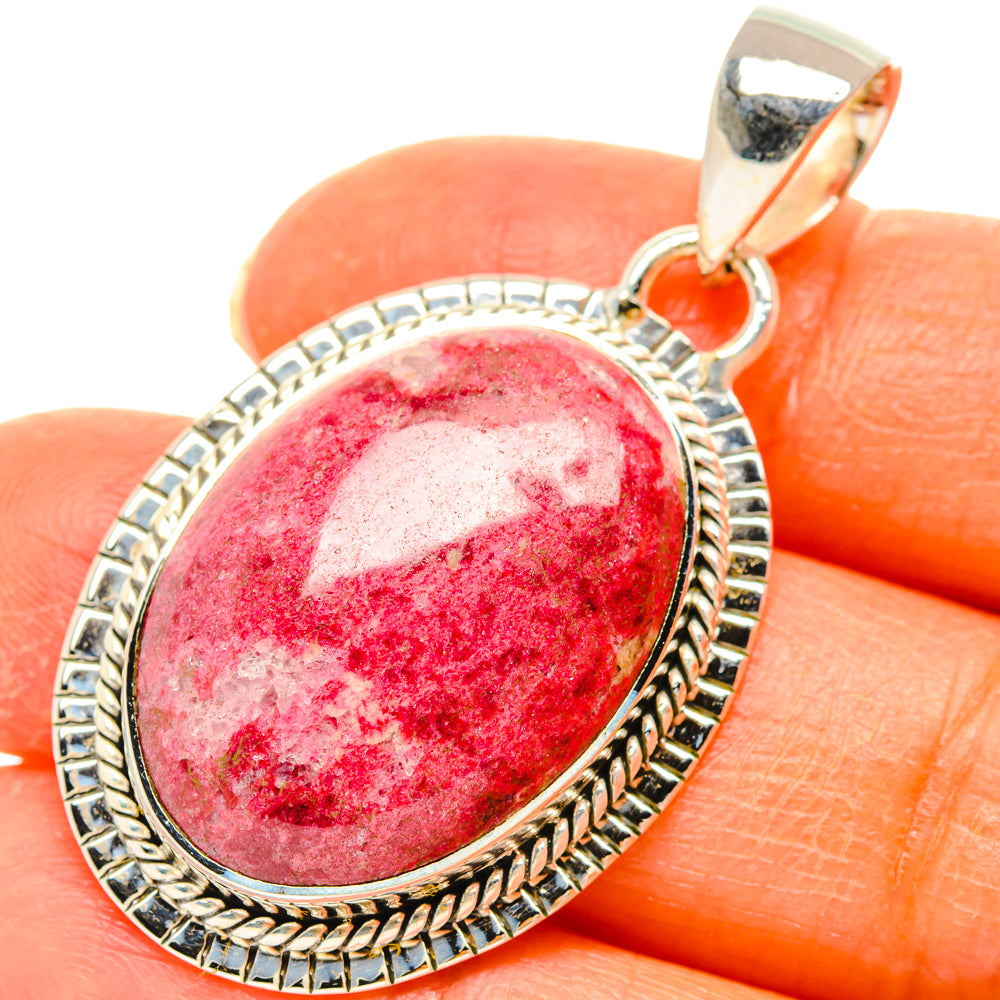 925 sterling silver thulite pendant with red oval gemstone, rope-edge bezel and bail