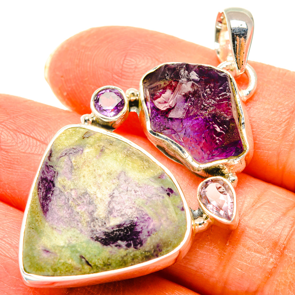 Sterling silver pendant with raw amethyst and oval pale green stone, bezel-set