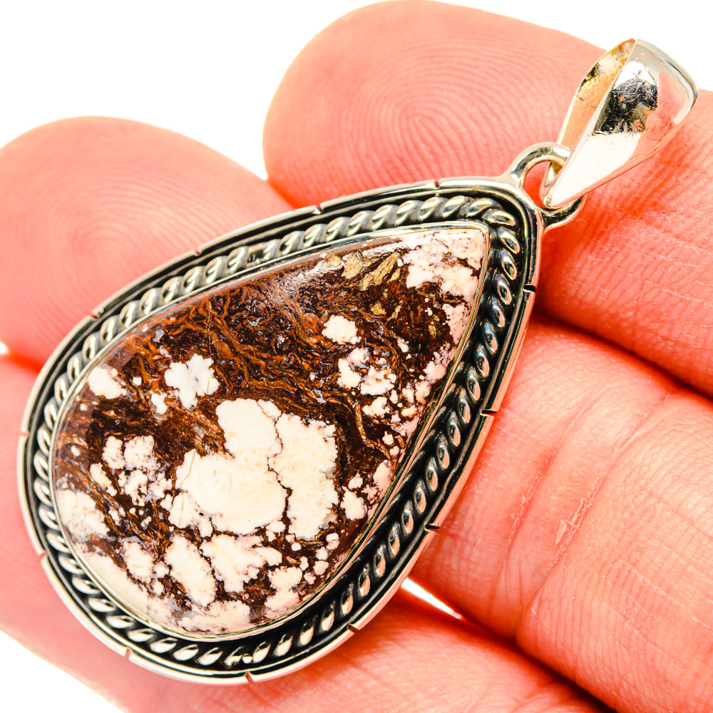 Sterling silver teardrop pendant with wild horse jasper stone and ornate rope border