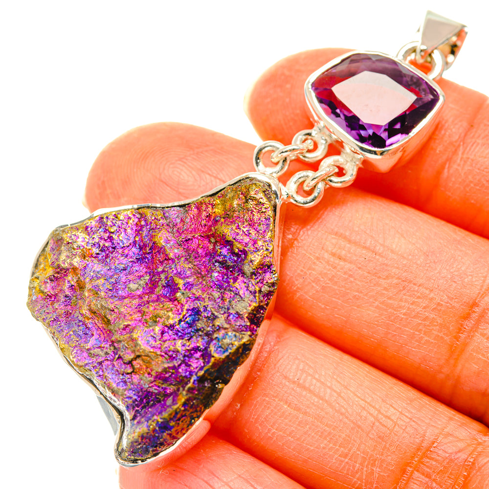 Sterling silver pendant with amethyst teardrop and purple-blue druzy stone drop