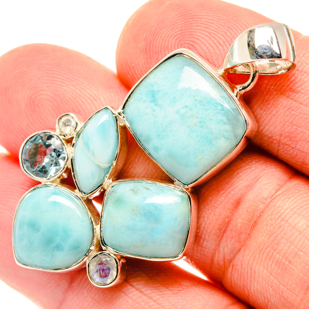 Sterling silver larimar pendant with oval blue stones and small opalescent round accents