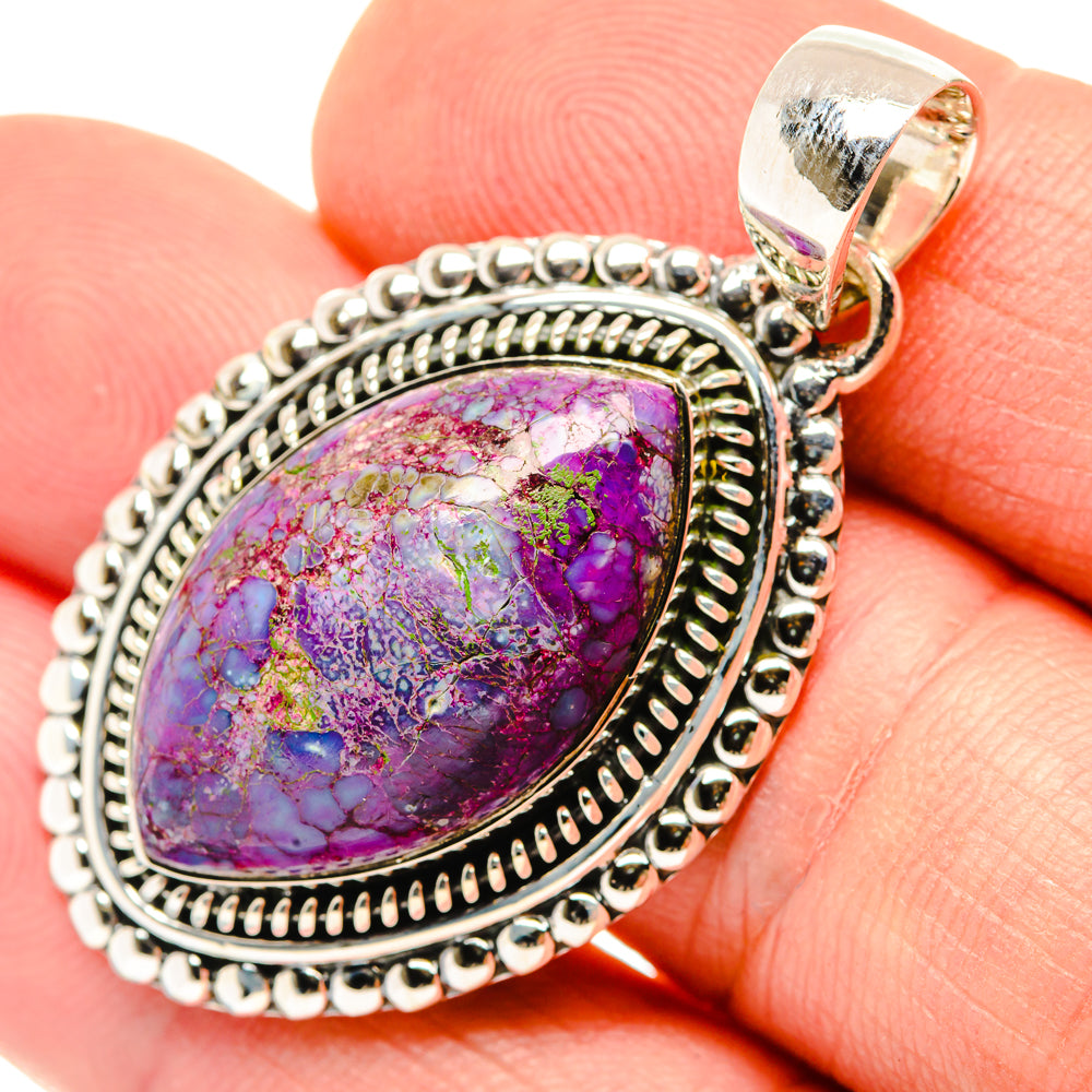 Sterling silver oval turquoise pendant with purple composite stone, bail loop and detailed edges
