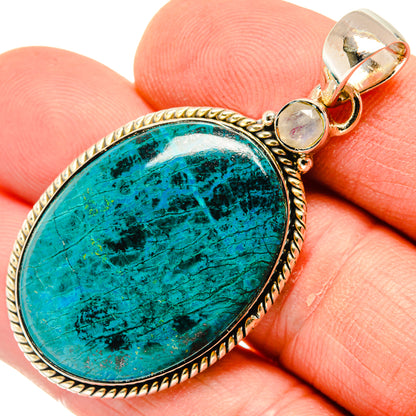 Oval turquoise chrysocolla pendant in gold-tone 925 silver, with round clear stones