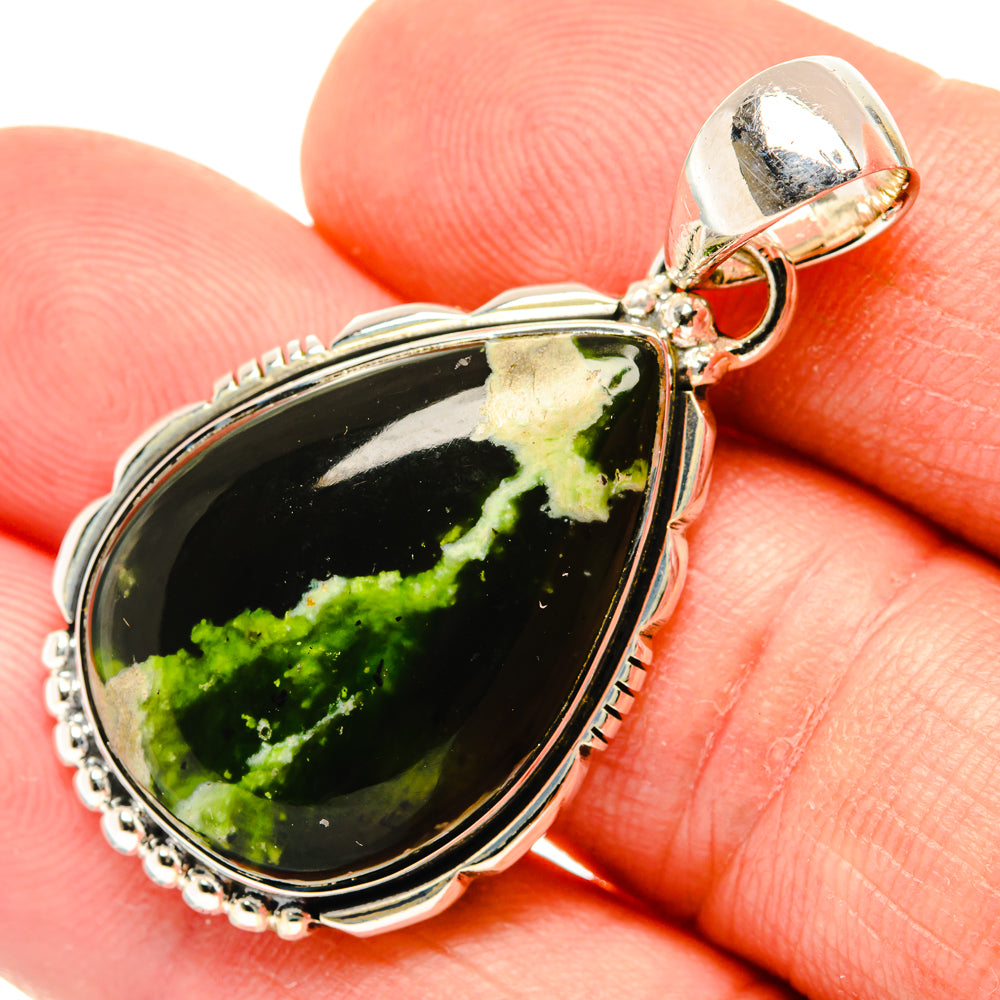 Sterling silver green opal teardrop pendant close-up with bail and beaded edge
