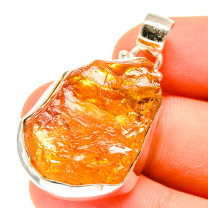 Rough citrine pendant, 925 sterling silver prong setting around amber textured stone