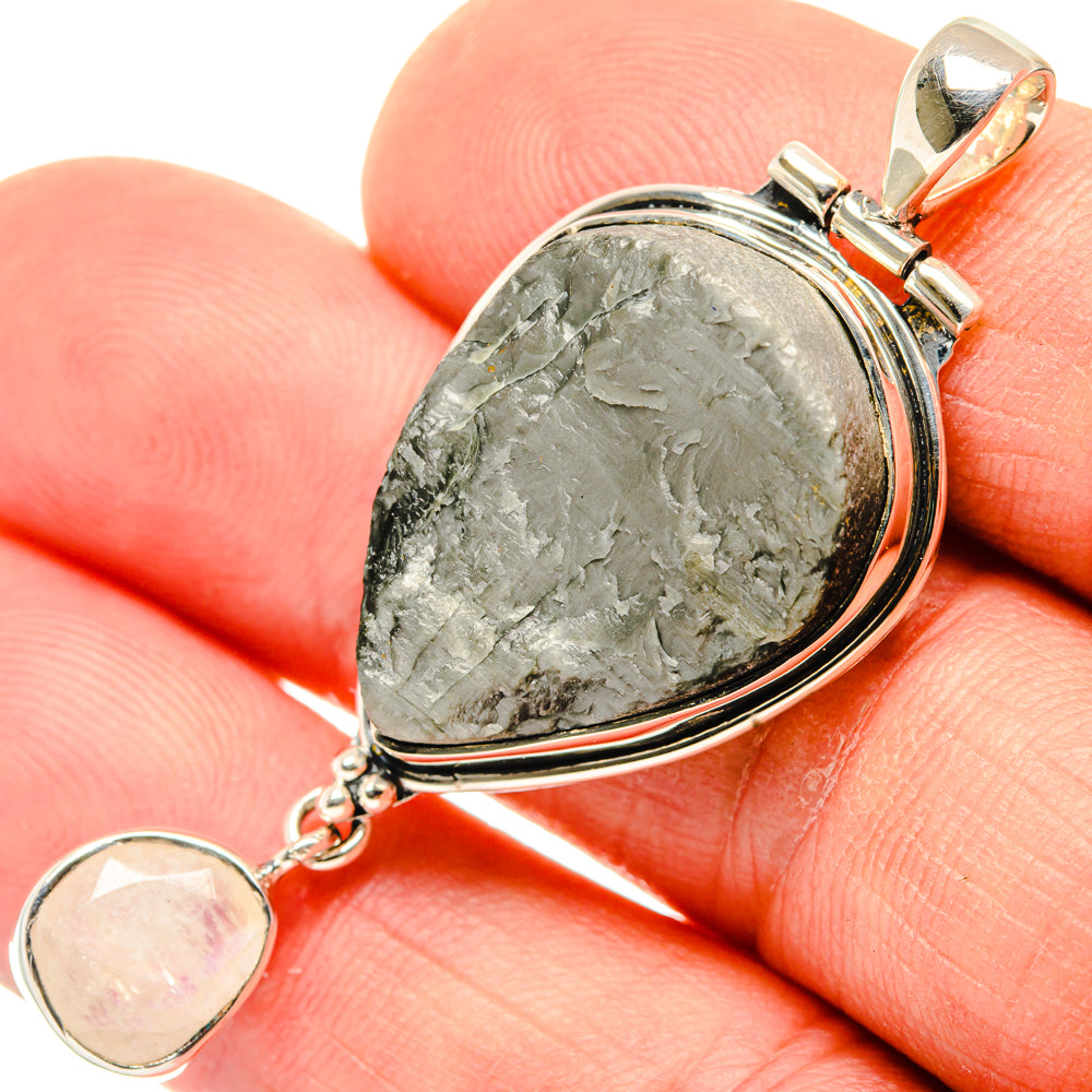 925 sterling silver teardrop pendant with rough gray-green stone and round moonstone charm