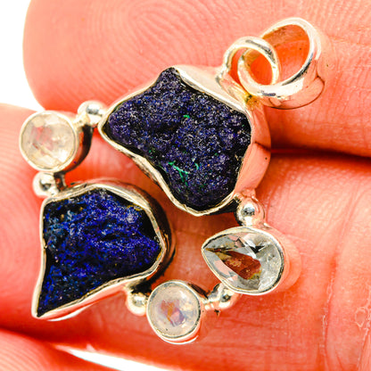 Druzy blue gemstone pendant with heart-shaped stones, round accents, silver-tone setting