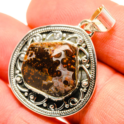 Mexican fire agate pendant in ornate 925 sterling silver bezel, amber-brown stone