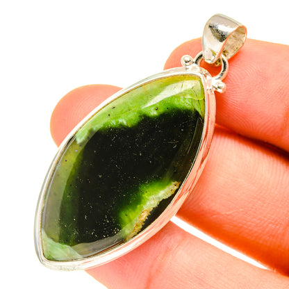 Green opal pendant in 925 sterling silver, teardrop bezel with bail (close-up)