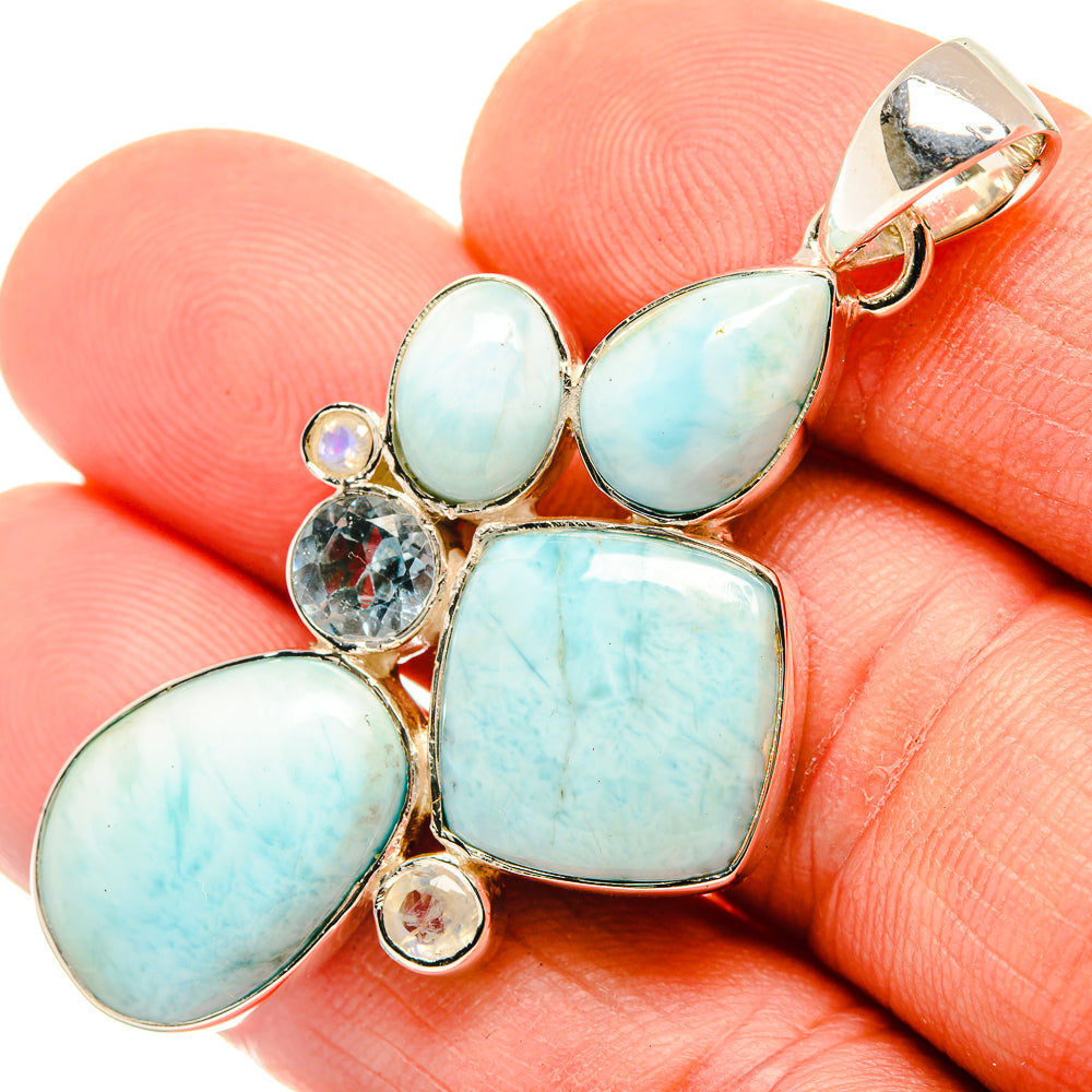 Sterling silver larimar pendant, oval stones with round blue topaz and moonstone details