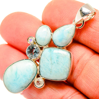 Sterling silver larimar pendant, oval stones with round blue topaz and moonstone details