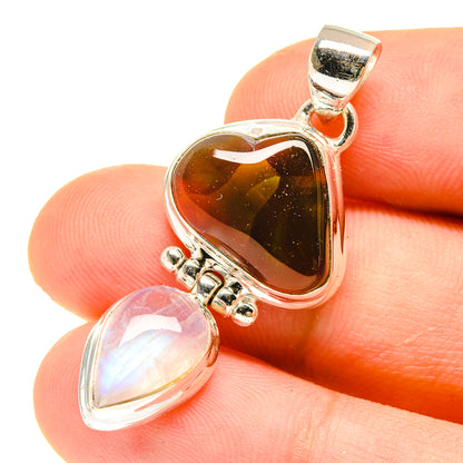 Sterling silver heart pendant with amber fire agate and iridescent rainbow moonstone
