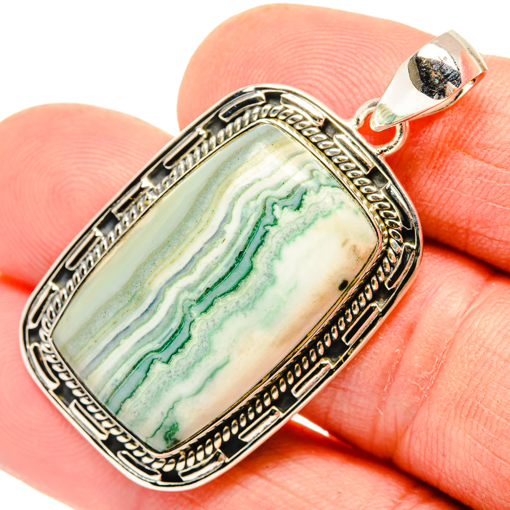 Sterling silver ocean jasper rectangle pendant with green and cream stone, small bail.
