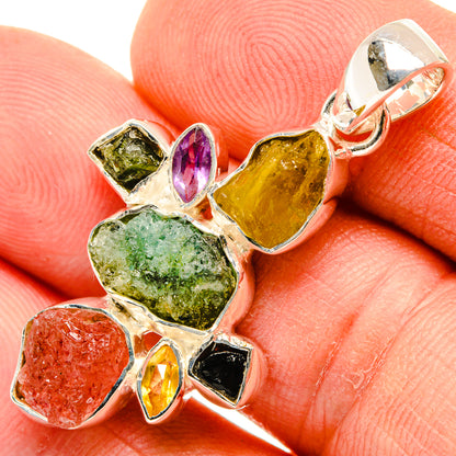 Sterling silver rough tourmaline pendant close-up with green, purple, yellow and red stones