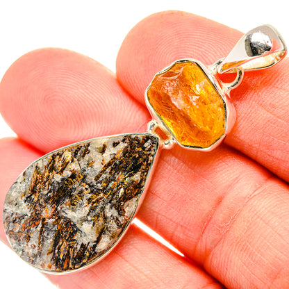Sterling silver pendant with rough grey-black astrophyllite and yellow citrine teardrop stones