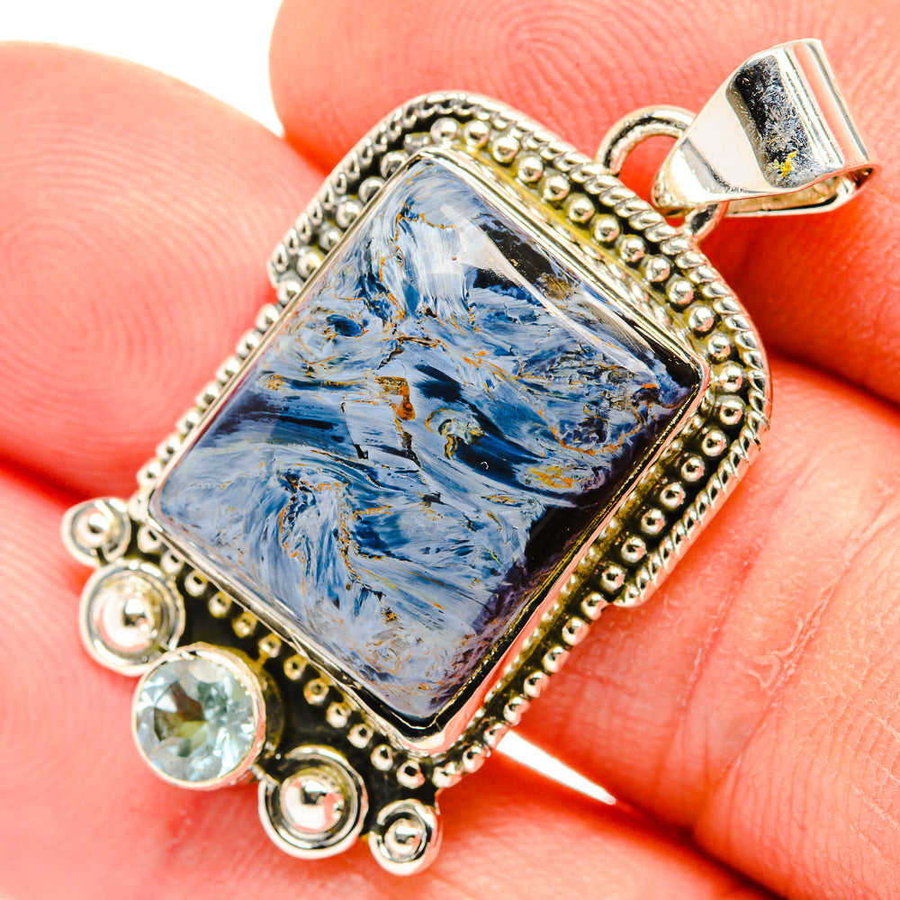 925 sterling silver blue topaz rectangle pendant with bead bezel and green accent stones
