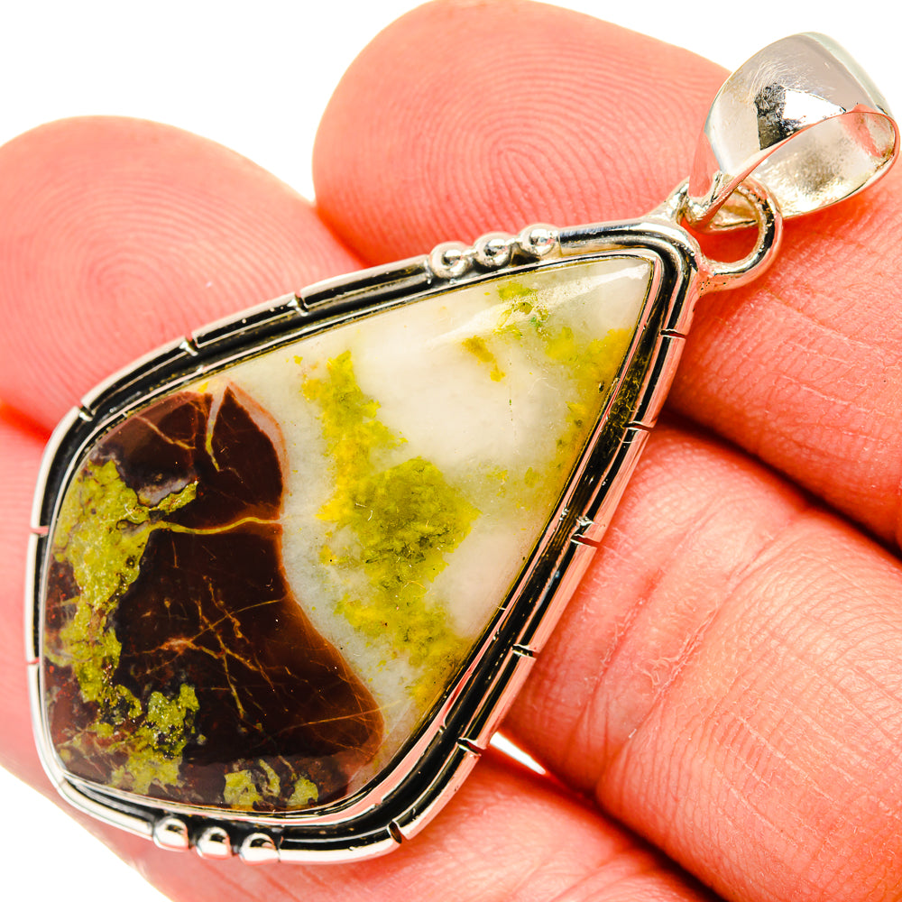 Teardrop stone pendant with 925 sterling silver frame, green and honey-yellow with dark veins