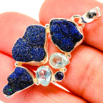 925 sterling silver rough blue druzy pendant with light-blue stones and a purple accent