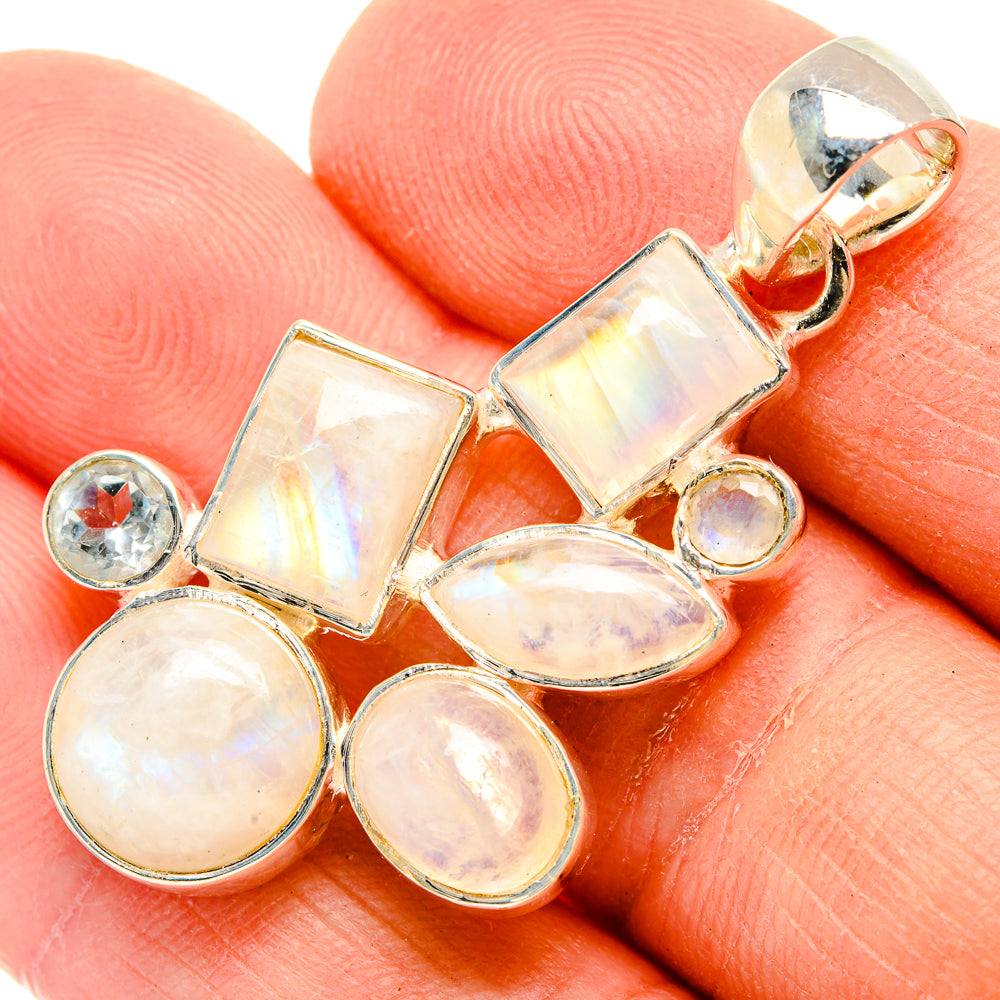 Opal-like moonstone and blue topaz pendant in 925 sterling silver, gold-tone prongs