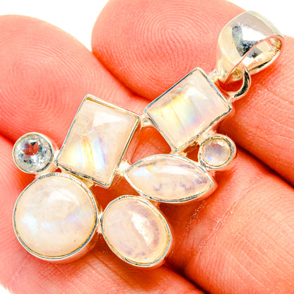 Opal-like moonstone and blue topaz pendant in 925 sterling silver, gold-tone prongs