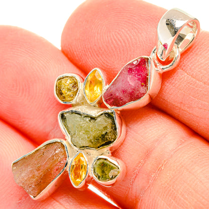 925 sterling silver rough tourmaline pendant with bezel-set multicolor stones