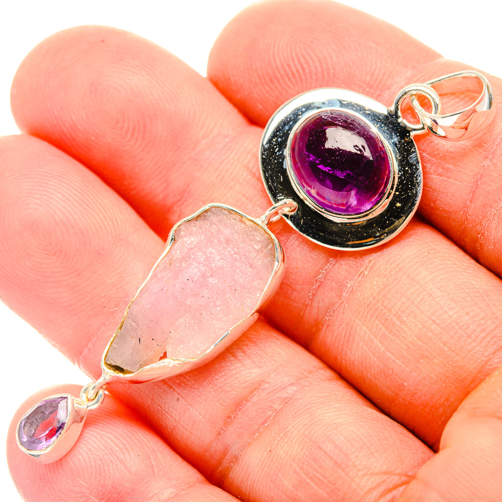 Sterling silver pendant set: round amethyst bezel and rough rose quartz slice