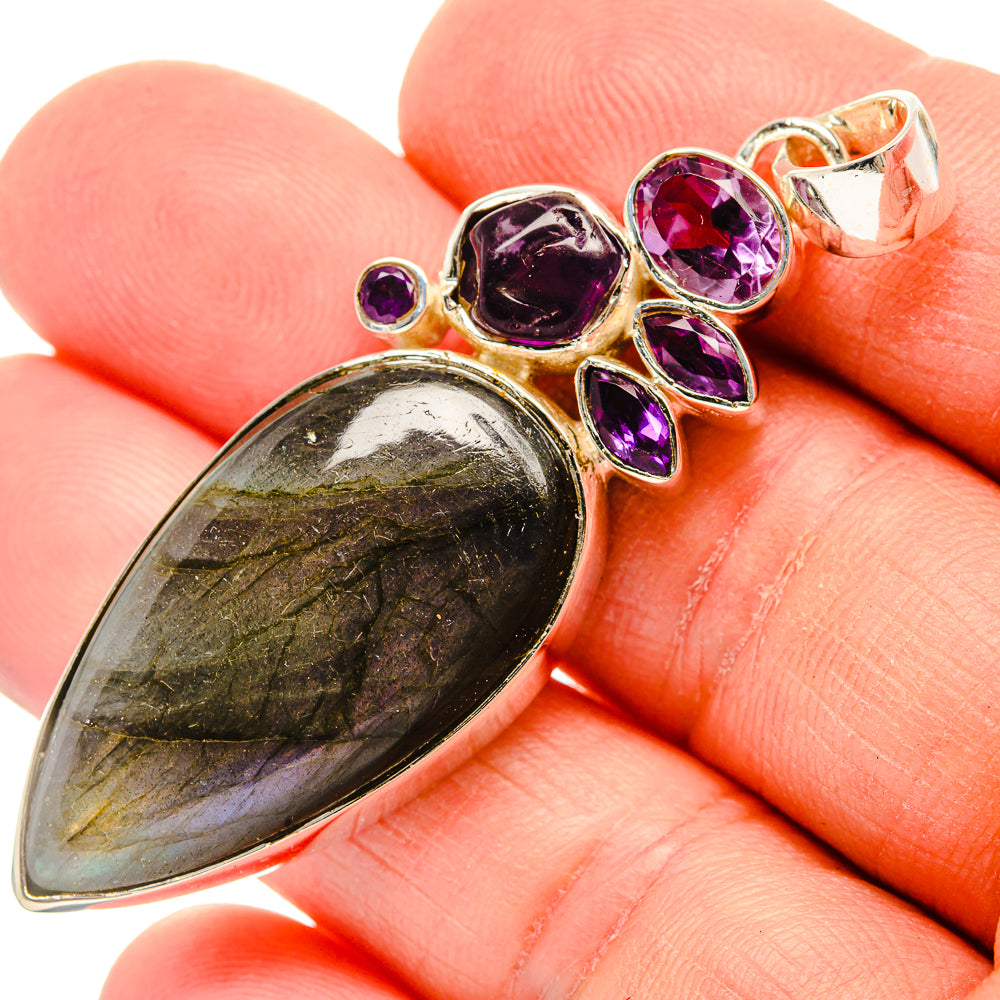Labradorite teardrop pendant with amethyst stones, 925 sterling silver frame