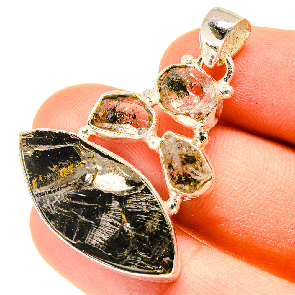 Sterling silver pendant with rough black shungite and clear crystals