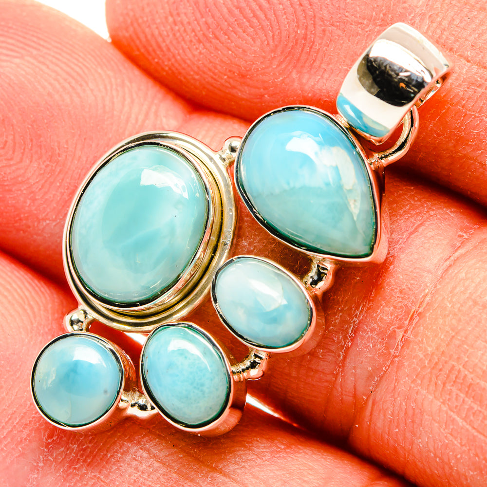 Larimar pendant in 925 sterling silver, five blue oval cabochons with openwork bail