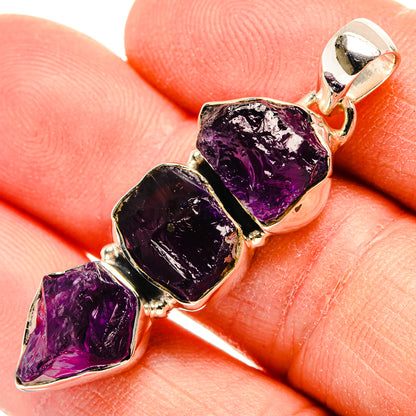 Rough amethyst pendant with three purple crystal chunks, 925 sterling silver bezel