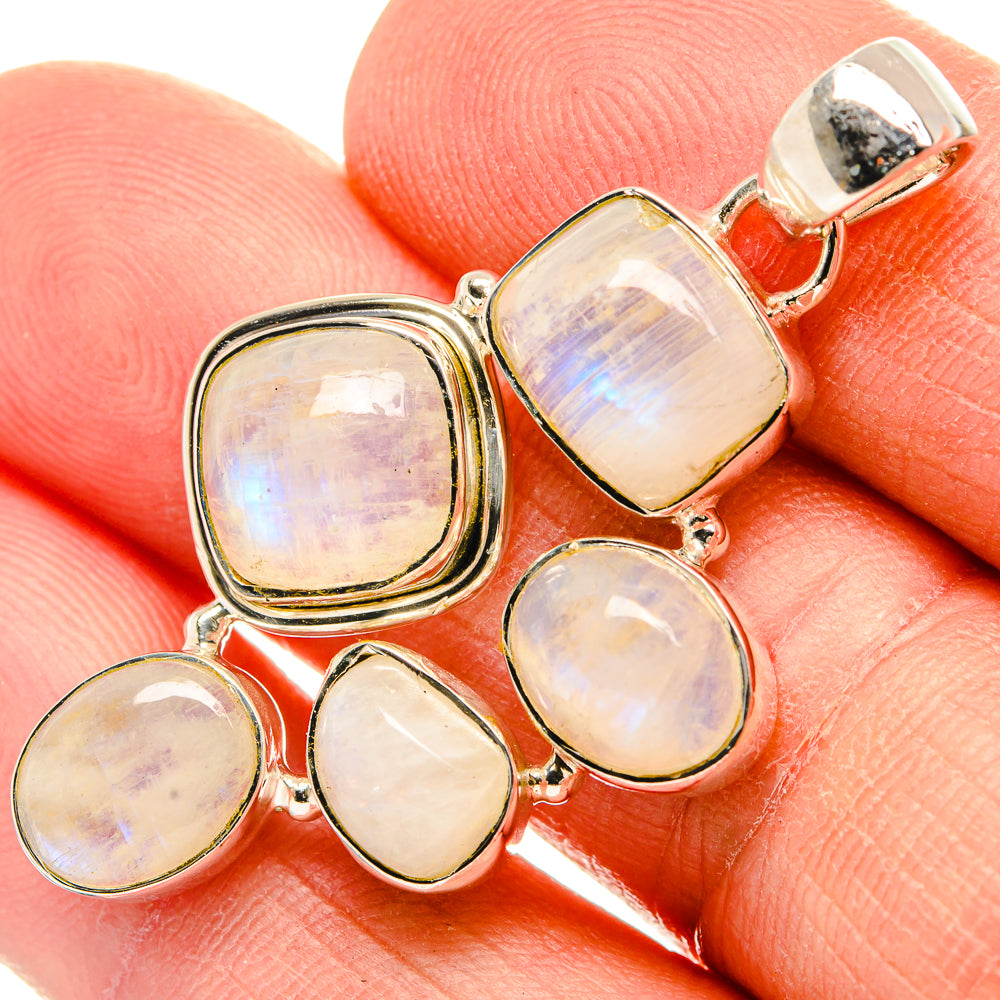 Opalescent moonstone pendant with five oval cabochons in sterling silver, side view