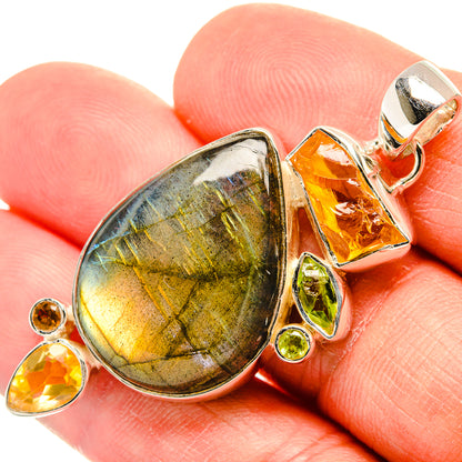 Sterling silver pendant with teardrop labradorite, citrine pear drops, peridot accents