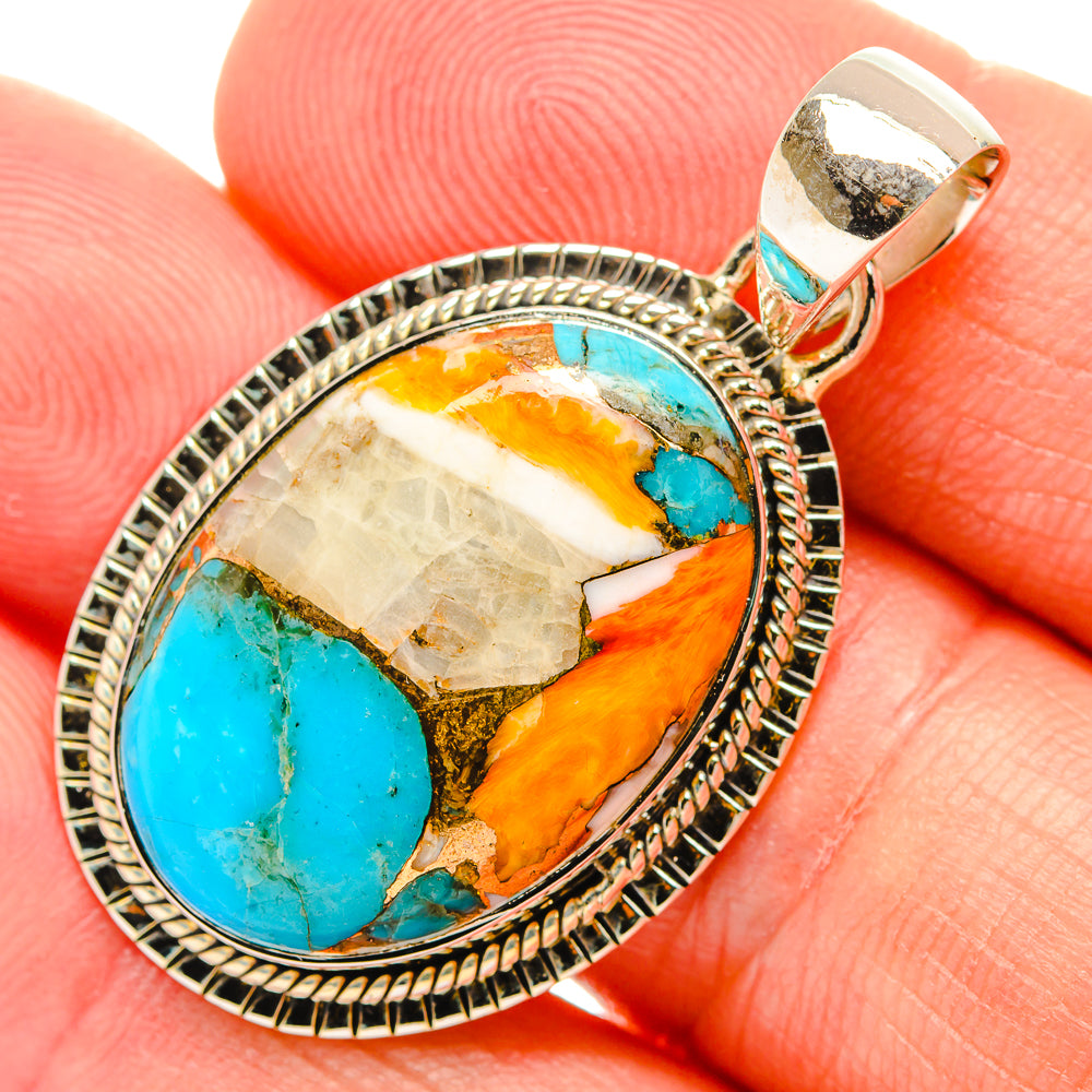 Oval spiny oyster turquoise pendant, sterling silver bezel and loop bail