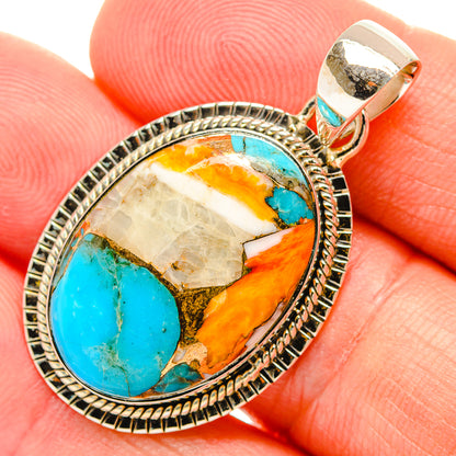 Oval spiny oyster turquoise pendant, sterling silver bezel and loop bail
