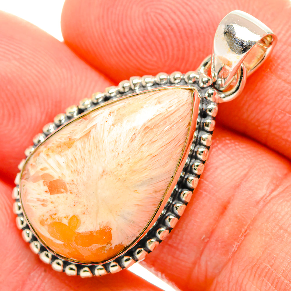 Scolecite teardrop pendant in 925 sterling silver with orange stone and beaded border