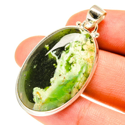 Sterling silver green opal pendant, oval gemstone with silver bail and bezel