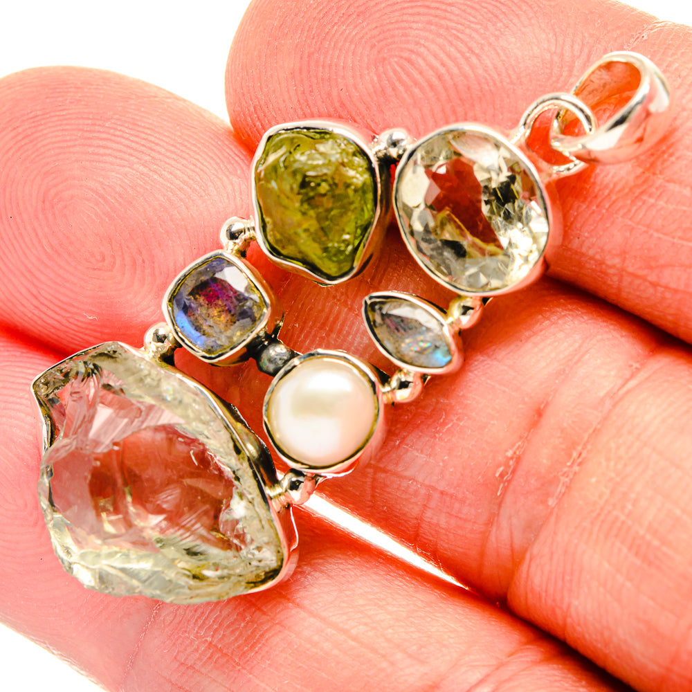 Sterling silver pendant with green, red, blue stones and cultured pearl, faceted set