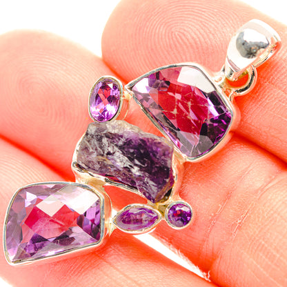 Amethyst & cultured pearl pendant in 925 sterling silver, faceted purple gems and rough stone
