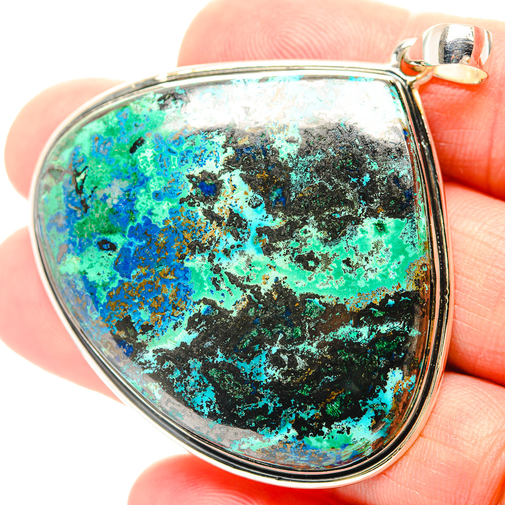 Sterling silver bezel shattuckite pendant with oval teardrop blue-green cabochon